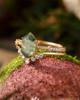 SAGE Long Hexagon Cut Moss Agate Engagement Ring Set Nature Vibe Bridal Set